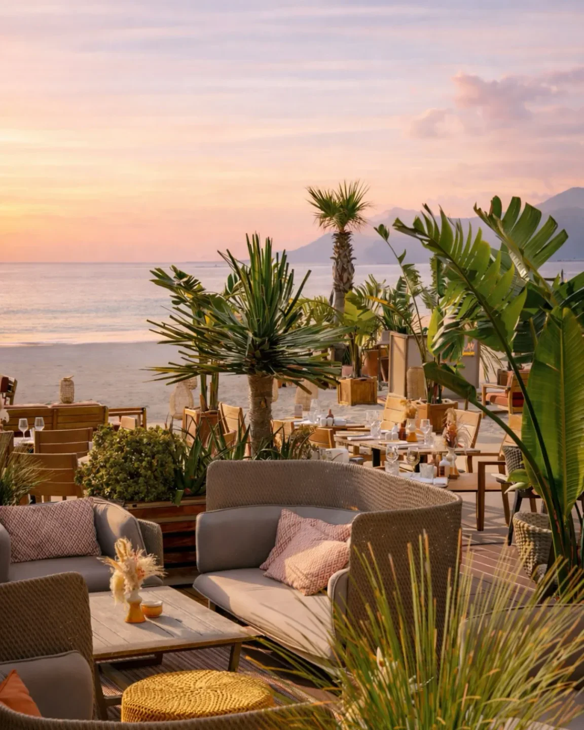 Mademoiselle Gray Plage Barrière in Cannes offers beachfront dining with sunset views and lush tropical plants.
